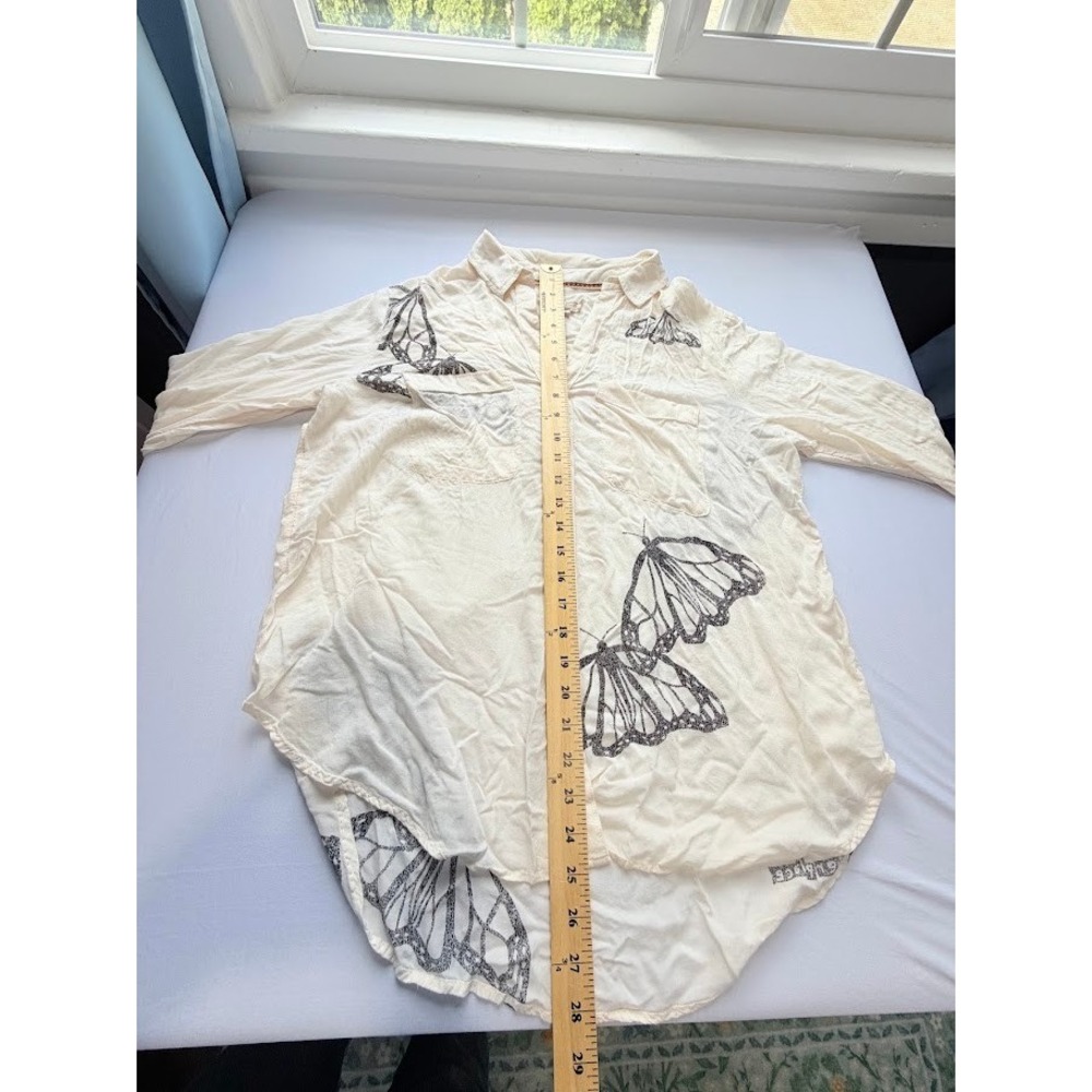 Lane Lloyd for Pilcro Anthropologie Butterfly Graphic Button Down Shirt Cream M - Picture 5 of 8